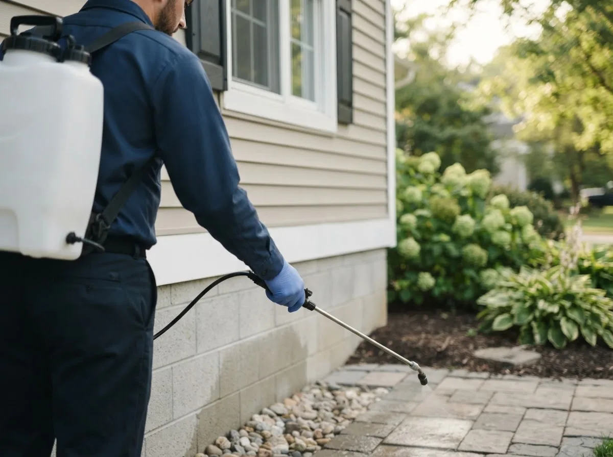 Pest control technician inspecting a home in Hopewell, OH